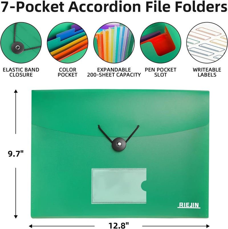 RIEJIN Accordian File Organizer 7 Pocket Expanding File Folder with Labels, Plastic Expandable File Folder for Documents Letter Size A4 Papers - Green - Image 3